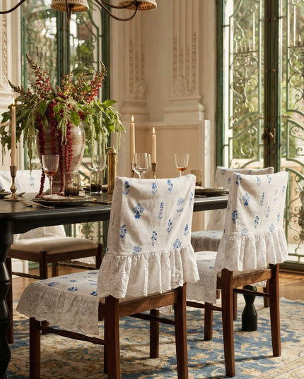 Embroidered Blue Floral Lotus Leaf Chair Cushion & Chair Cover