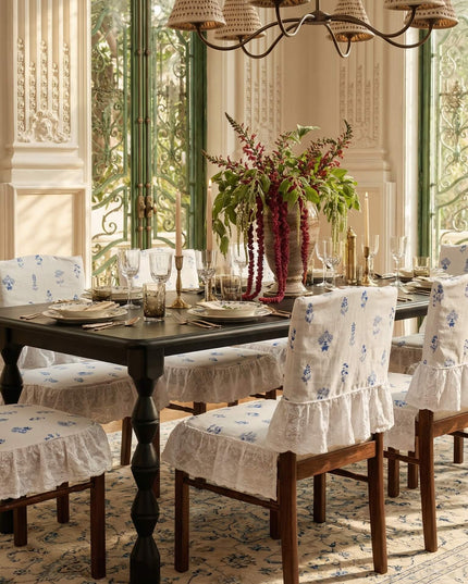 Embroidered Blue Floral Lotus Leaf Chair Cushion & Chair Cover