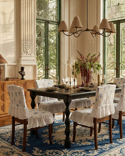 Embroidered Blue Floral Lotus Leaf Chair Cushion & Chair Cover