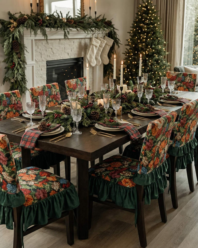 Vintage Embroidered Floral Chenille Ruffled Chair Cushion Set - Cotton Filled