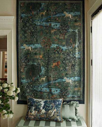 17th-Century Flemish Verdure Tapestry Cushion - Peacock & Fountain