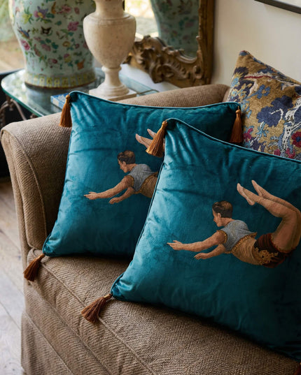 Trapeze Boy Velvet Cushion Lush Meadow  Blue Green