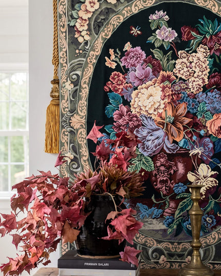 French Rococo Royal Flowers Belgian Jacquard Dark Tapestry Wall Hanging