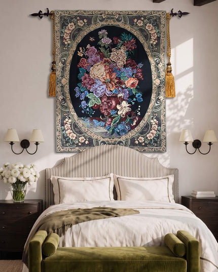 French Rococo Royal Flowers Belgian Jacquard Dark Tapestry Wall Hanging