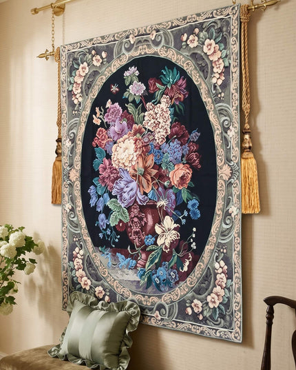 French Rococo Royal Flowers Belgian Jacquard Dark Tapestry Wall Hanging