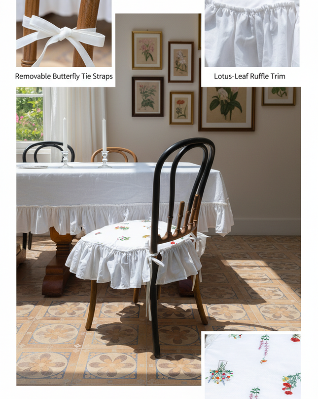 Embroidered Floral Linen Chair Cushion Details - Portrait