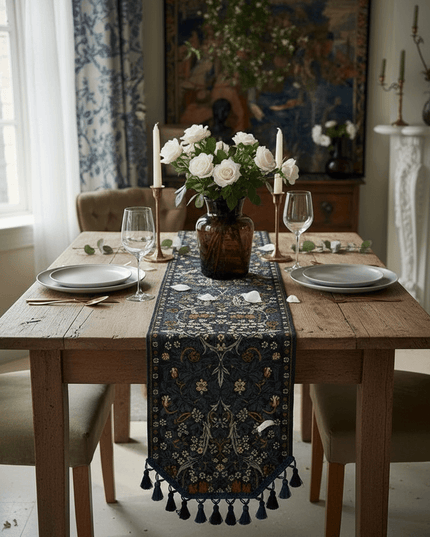 Embroidered Vintage Floral Tassel Wool Blend Table Runner