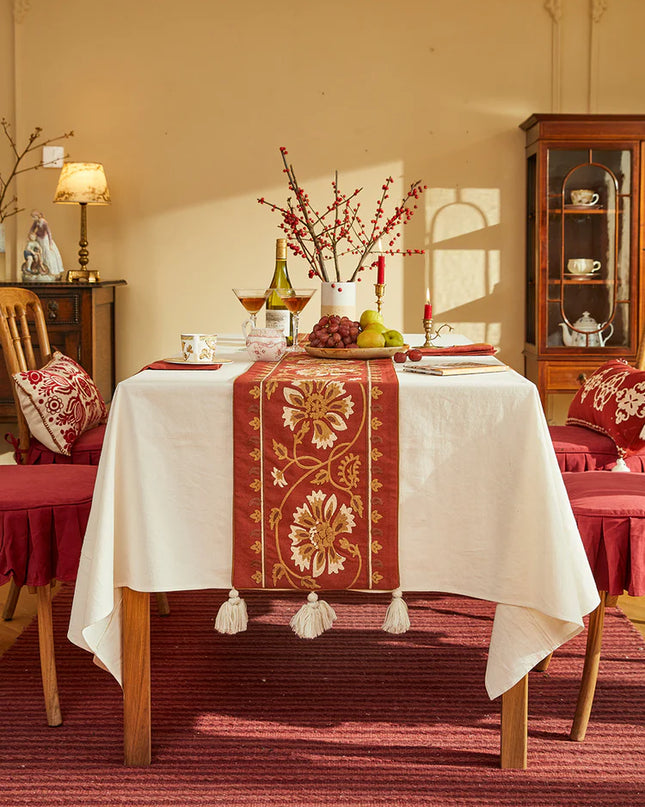Scarlet Red Flower Embroidery Table Runner