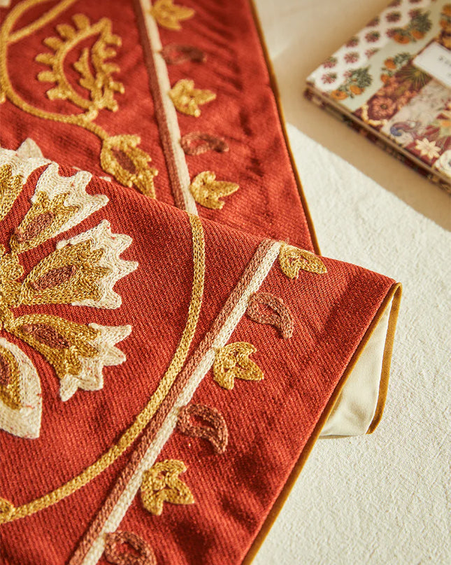 Scarlet Red Flower Embroidery Table Runner