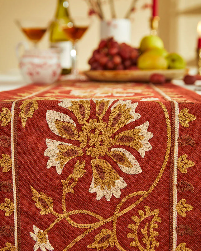 Scarlet Red Flower Embroidery Table Runner