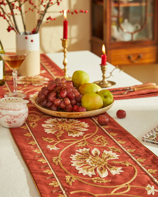 Scarlet Red Flower Embroidery Table Runner