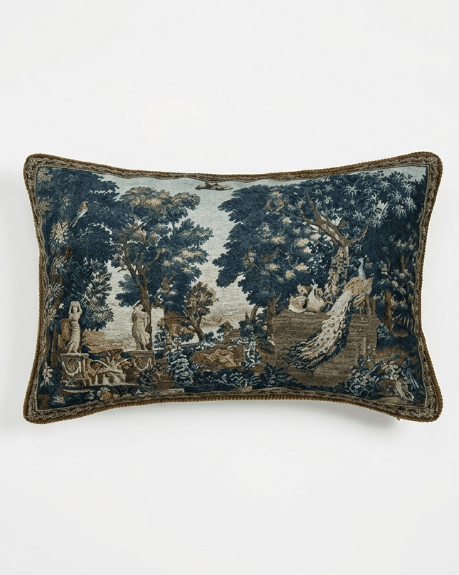 17th-Century Flemish Verdure Tapestry Cushion - Peacock & Fountain