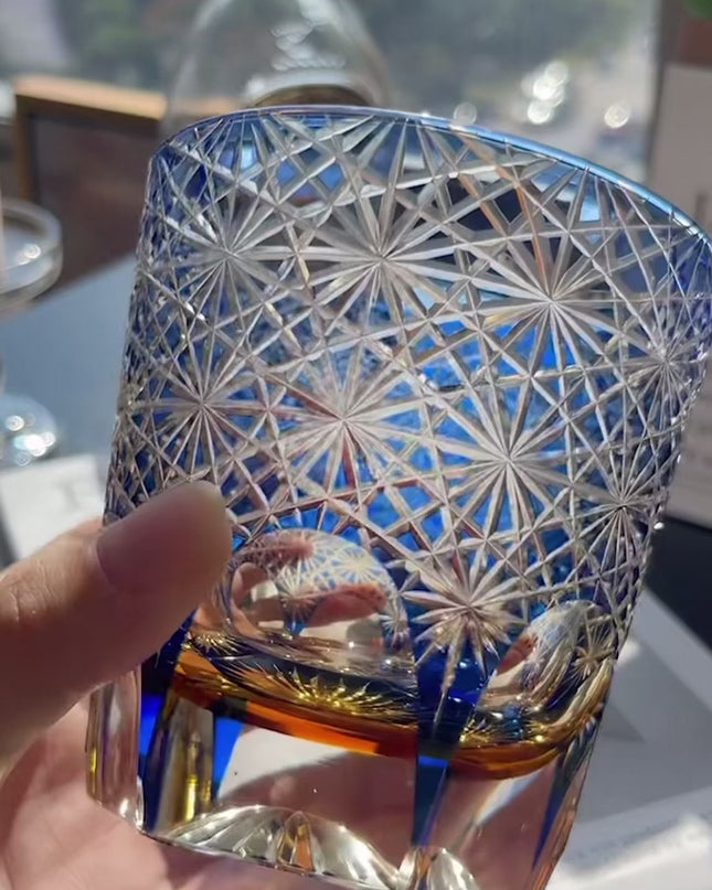 Edo Kiriko Handcrafted Crystal Glass - Blue Daisy Pattern