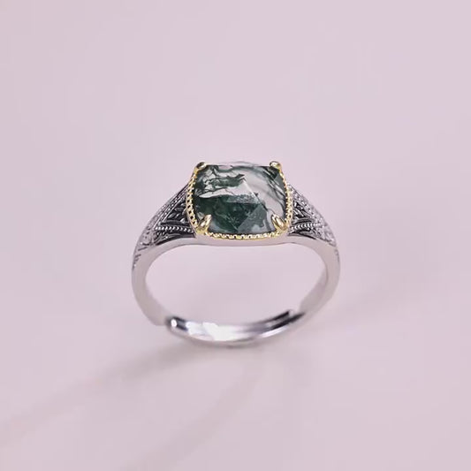 Vintage Mos Agaat Sterling Zilveren Ring