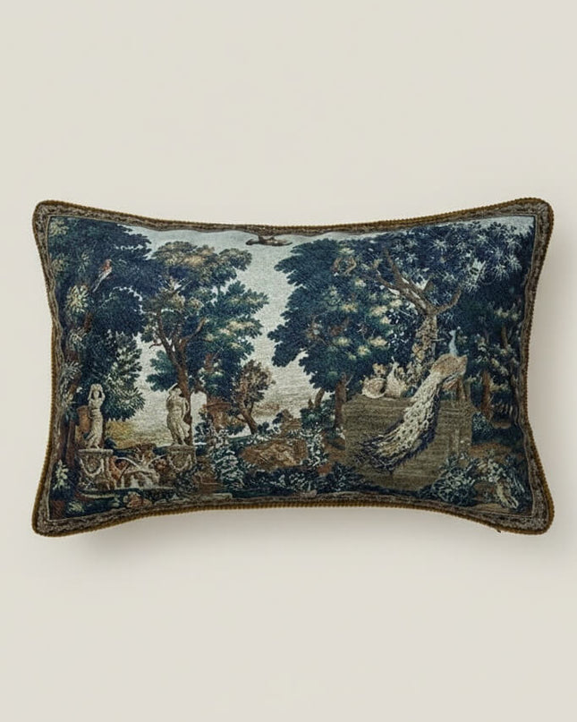 17th-Century Flemish Verdure Tapestry Cushion - Peacock & Fountain