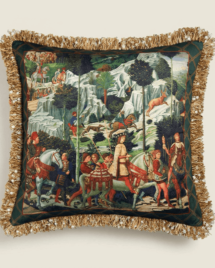 Renaissance Velvet Fringe Tapestry Cushion - Benozzo Gozzoli