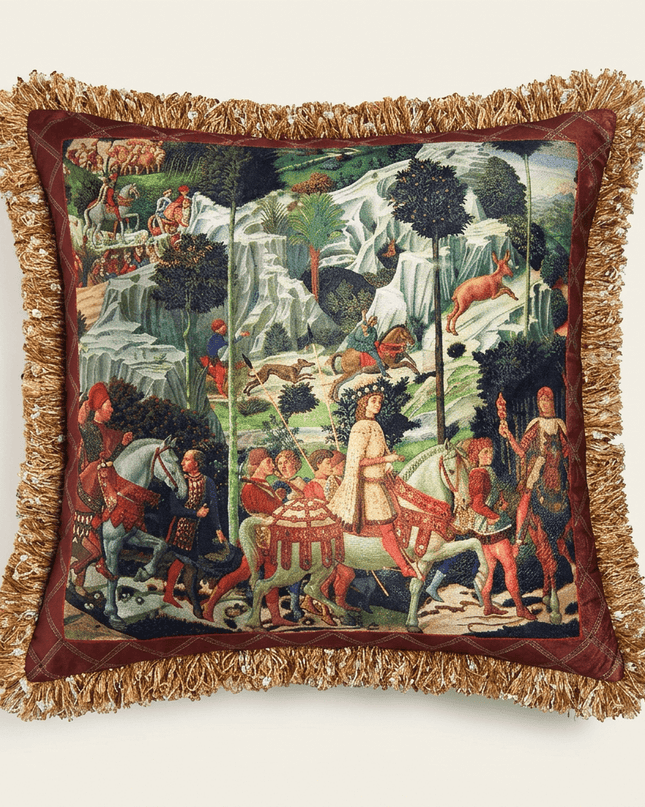 Renaissance Velvet Fringe Tapestry Cushion - Benozzo Gozzoli